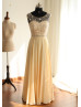 Champagne Chiffon See Through Tulle Back Beading Long Prom Dress